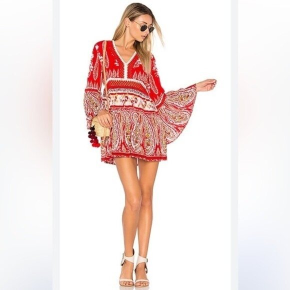 RAGA Luisa Red Boho Print Flare Sleeve Mini Dress Size Small Revolve Beach - Picture 1 of 6